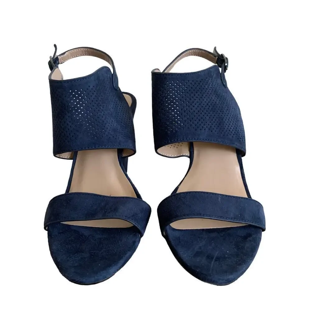 H by Halston Suede Open Toe Wedge Navy Blue McKenzie Sandals Size 5.5 NWOT